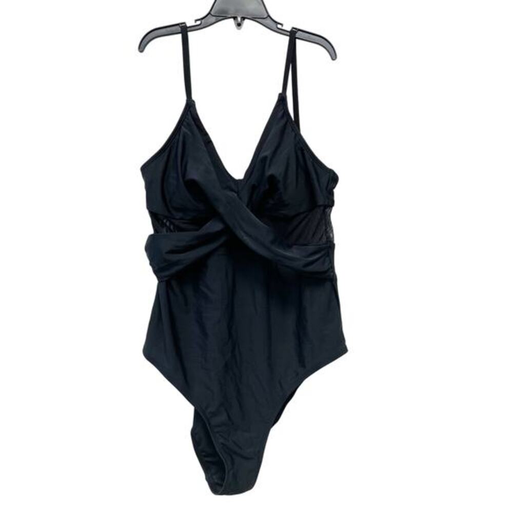 Cupshe Forest Adventure Solid Mesh Wrap‎ Front Cutout Black One Piece Swimsuit L